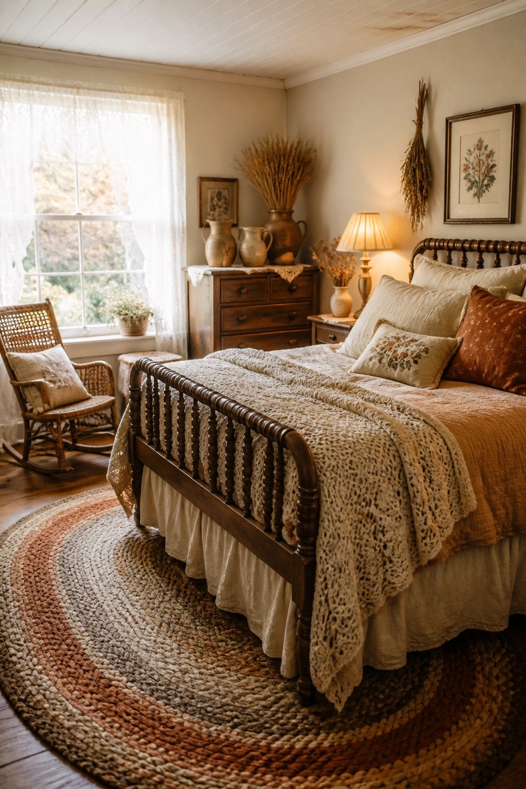 A bedroom featuring a wooden spindle bed with layered neutral and rust-colored bedding, a large multicolored braided rug, and a wooden dresser topped with pottery and dried wheat.