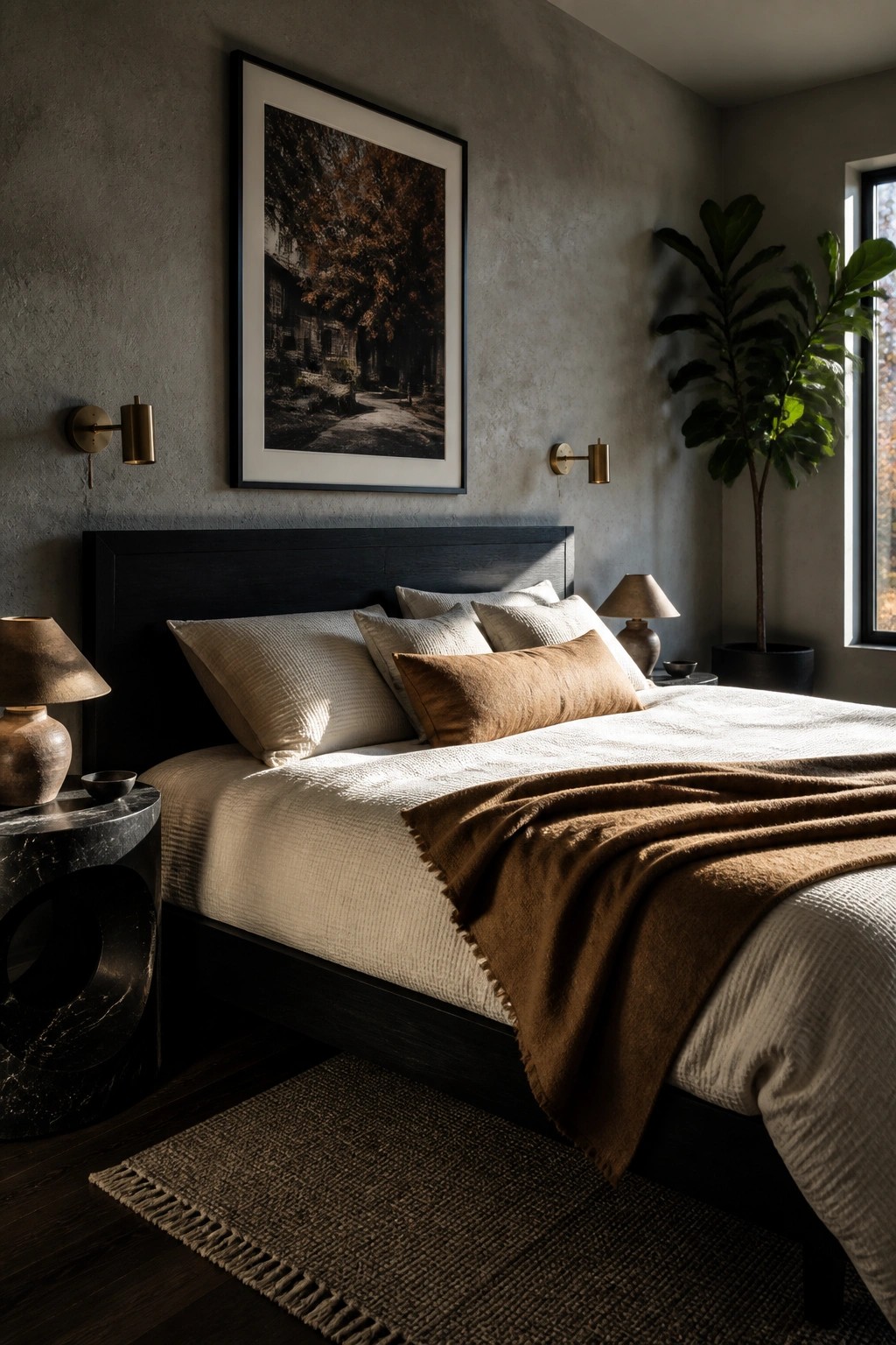 Modern bedroom with dark wooden bed, neutral linens, marble nightstand, and potted plant