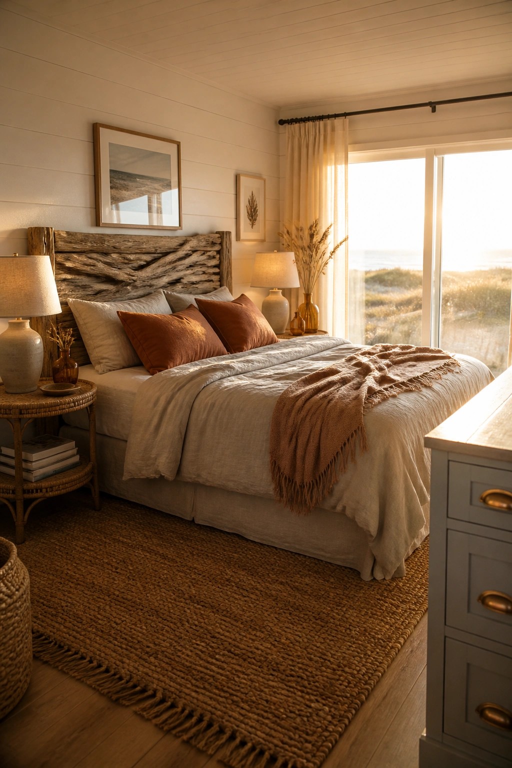 A bedroom featuring a rustic wooden headboard, layered beige and rust-colored linen bedding, a woven jute rug, and a large window showing a coastal view.