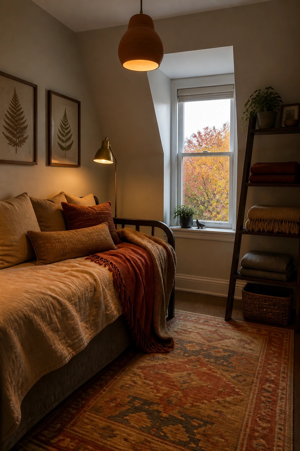 Cozy attic bedroom with rust linens, hanging lamp, autumn window, and patterned rug