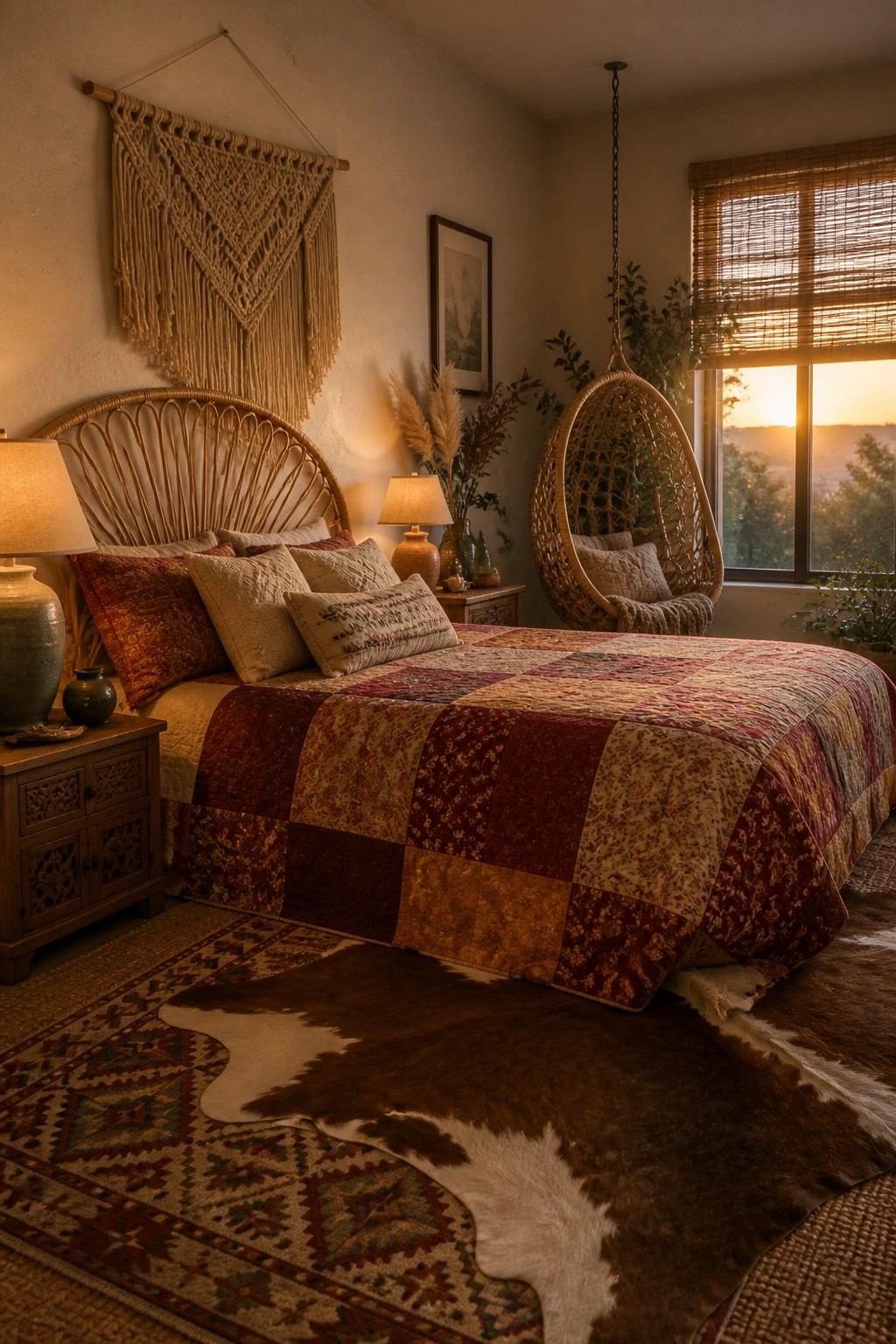 A bedroom featuring a bed with a large patchwork quilt in autumn reds and golds, layered pillows, a cowhide rug over a patterned carpet, and a hanging chair near a window.