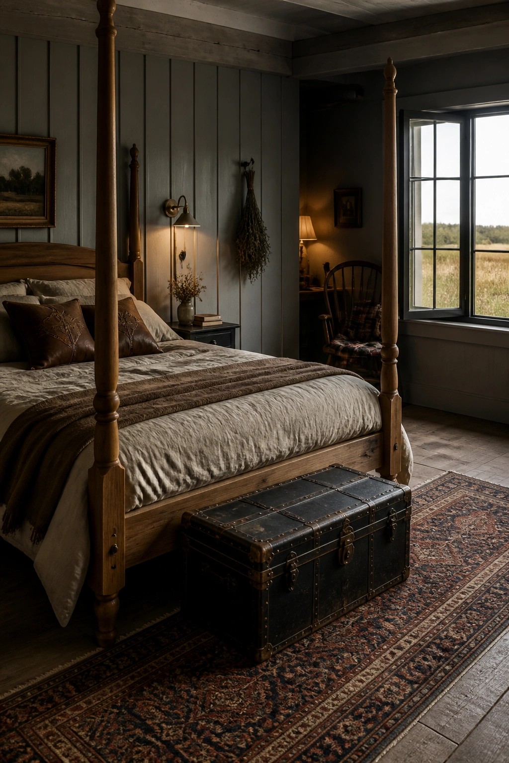 A wooden four-poster bed with layered neutral and brown bedding sits on a patterned rug, with a black trunk at the foot and a window showing a field view.