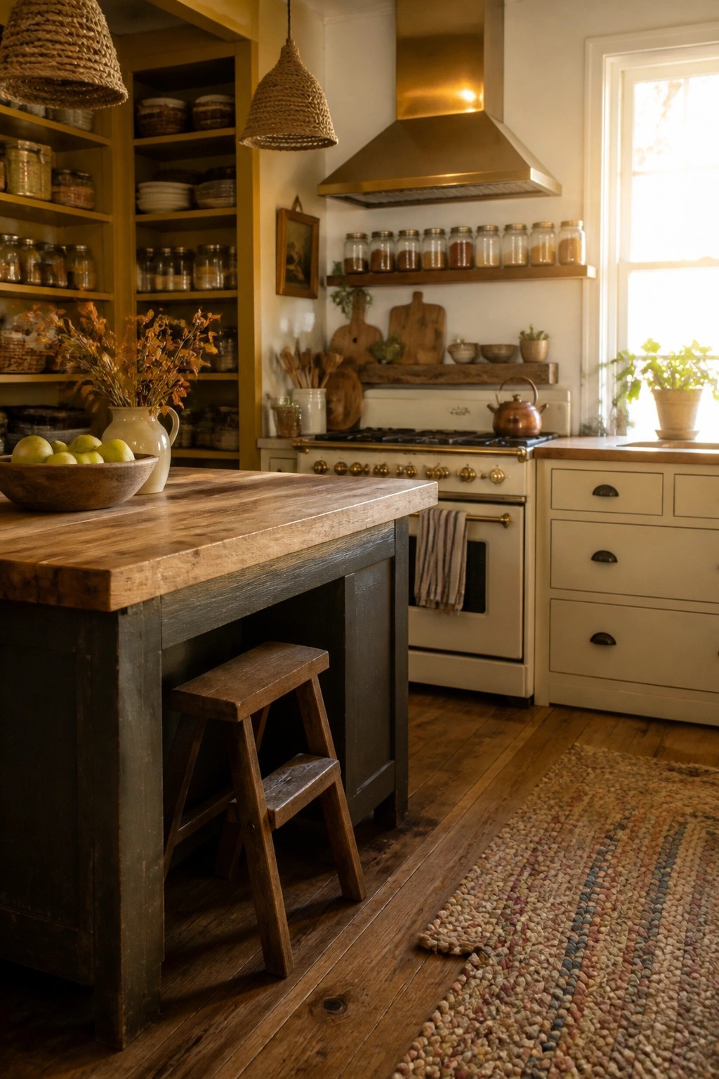 A rustic kitchen with a large wooden island, wooden step stool underneath, open yellow shelves stocked with jars and baskets, white stove with brass range hood, and woven pendant lights.
