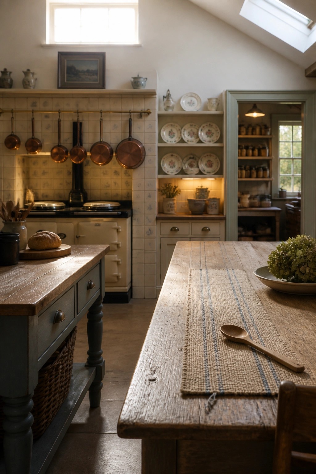 A kitchen interior with a long wooden table in the foreground holding a striped burlap runner and wooden spoon, and a cream-colored stove with hanging copper pans and open shelving visible in the background.