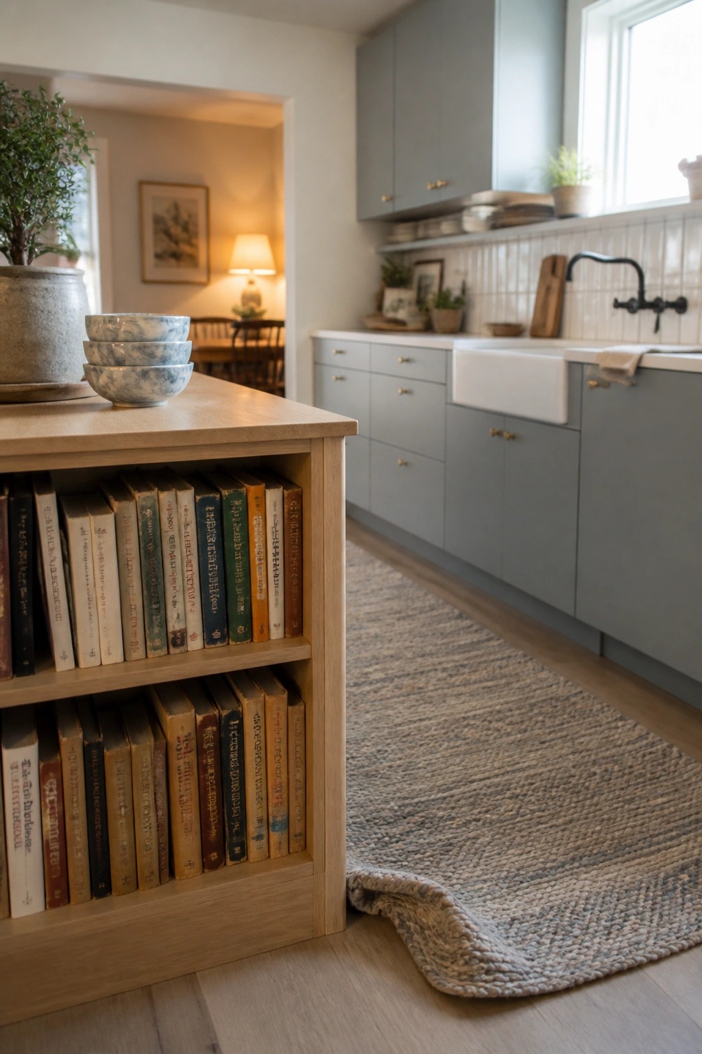 A wooden kitchen island with open lower shelves filled with books, next to blue cabinets and a woven rug on the floor.