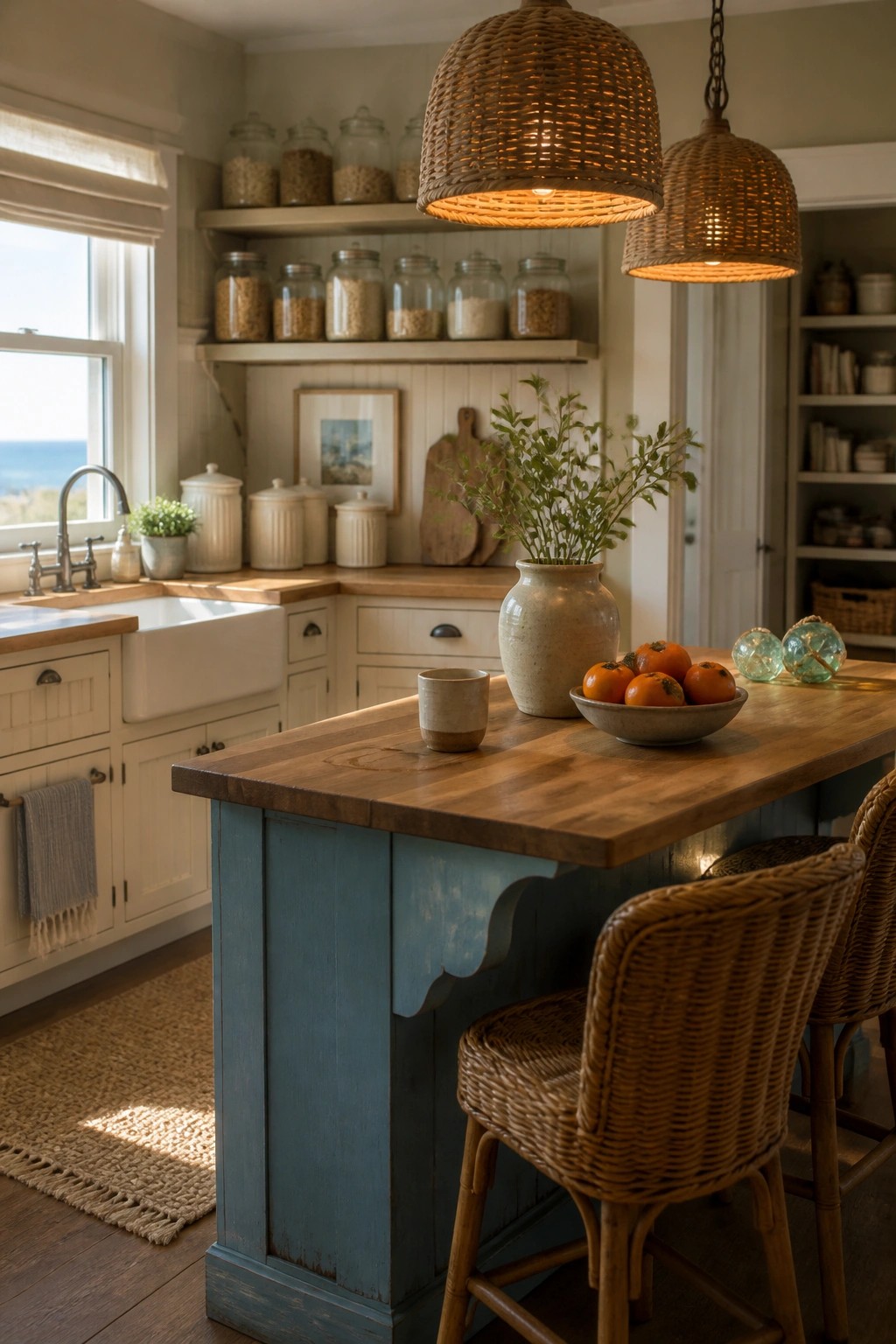 A kitchen with a blue island topped in wood, two woven pendant lights hanging above it, wicker stools, and open shelves lined with glass jars.