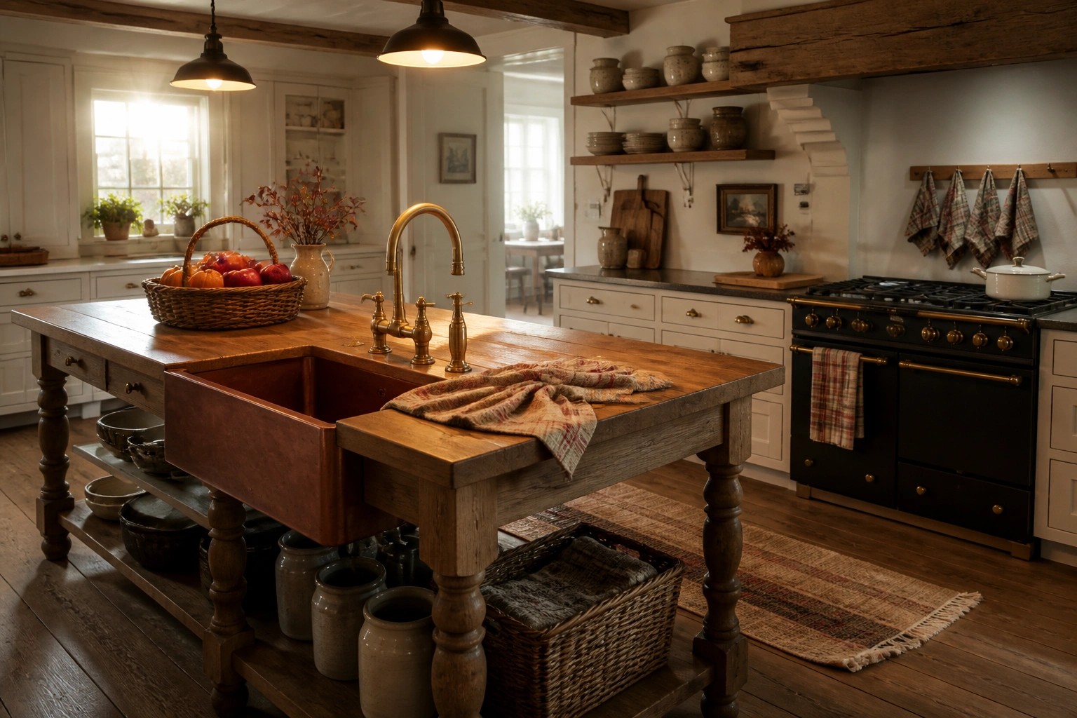 A cozy kitchen interior with a large wooden island featuring a copper farmhouse sink, brass faucet, woven baskets underneath, and a basket of pumpkins on the countertop.