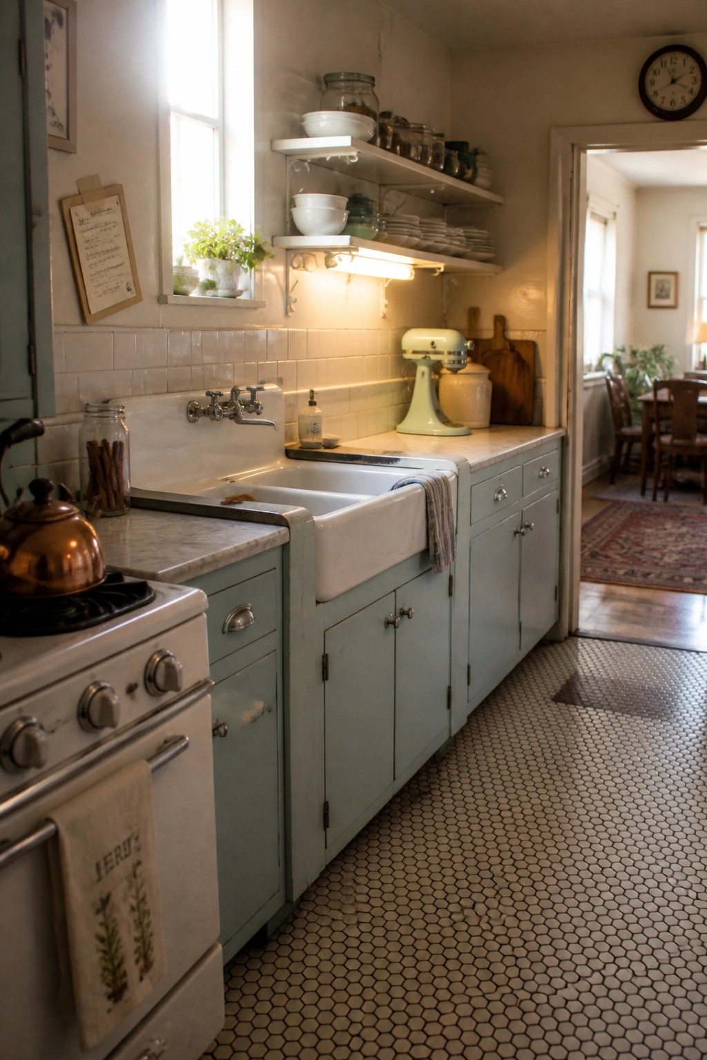 A kitchen interior with light blue-green cabinets, a white farmhouse sink, marble countertops, open white shelves, and a vintage stove.