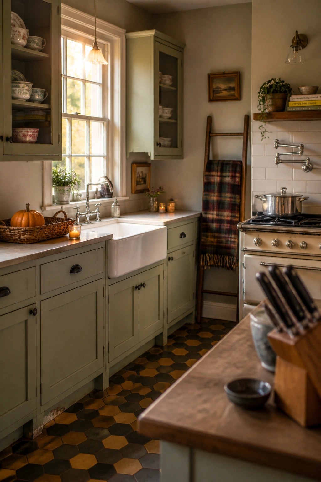 A kitchen interior with sage green cabinets, a white farmhouse sink, wooden countertops, a window above the sink, and a plaid blanket draped on a ladder.