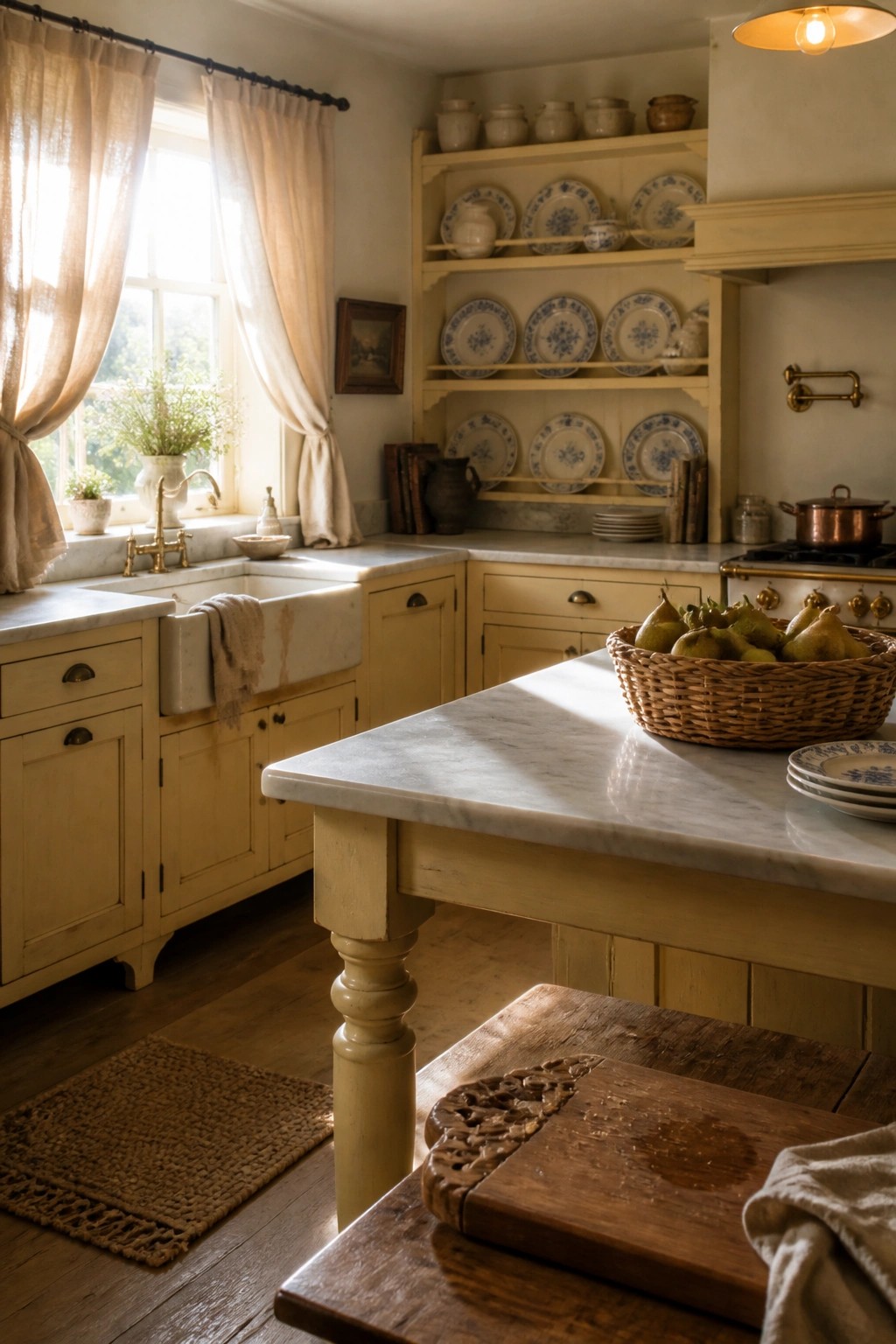 A cozy kitchen with pale yellow cabinets, a white farmhouse sink, open shelving holding blue and white plates, and a marble island with a basket of pears.