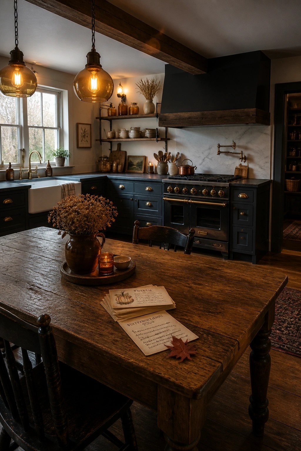 A rustic kitchen with a large wooden dining table in the foreground holding recipe cards, a clay jug of dried flowers, and a lit candle, with dark blue cabinets, a range stove, and two glowing pendant lights visible in the background.