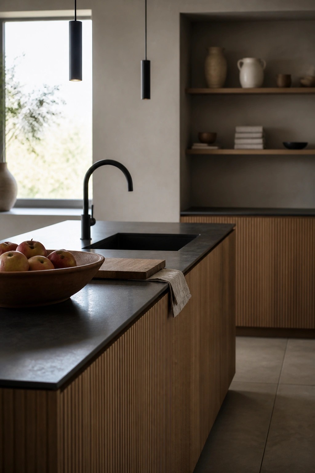 A modern kitchen island with vertically fluted wood cabinetry, a dark countertop, a black faucet, and a wooden bowl of apples on the counter.