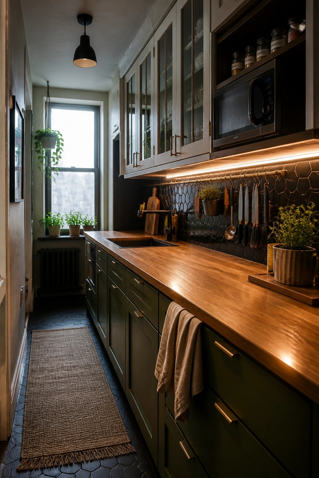 A narrow kitchen featuring dark green lower cabinets, a wooden countertop, and warm under-cabinet lighting along a black hexagonal tile backsplash with hanging utensils.