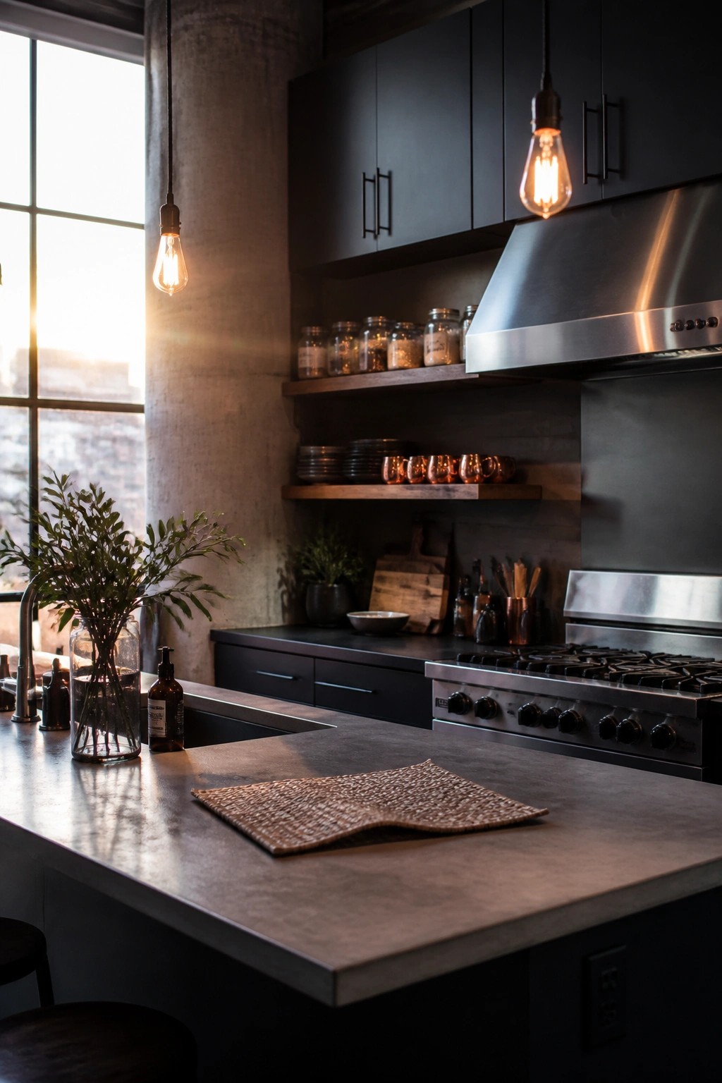 Modern kitchen with dark cabinets, stainless appliances, pendant lights, and sunlit concrete counter.