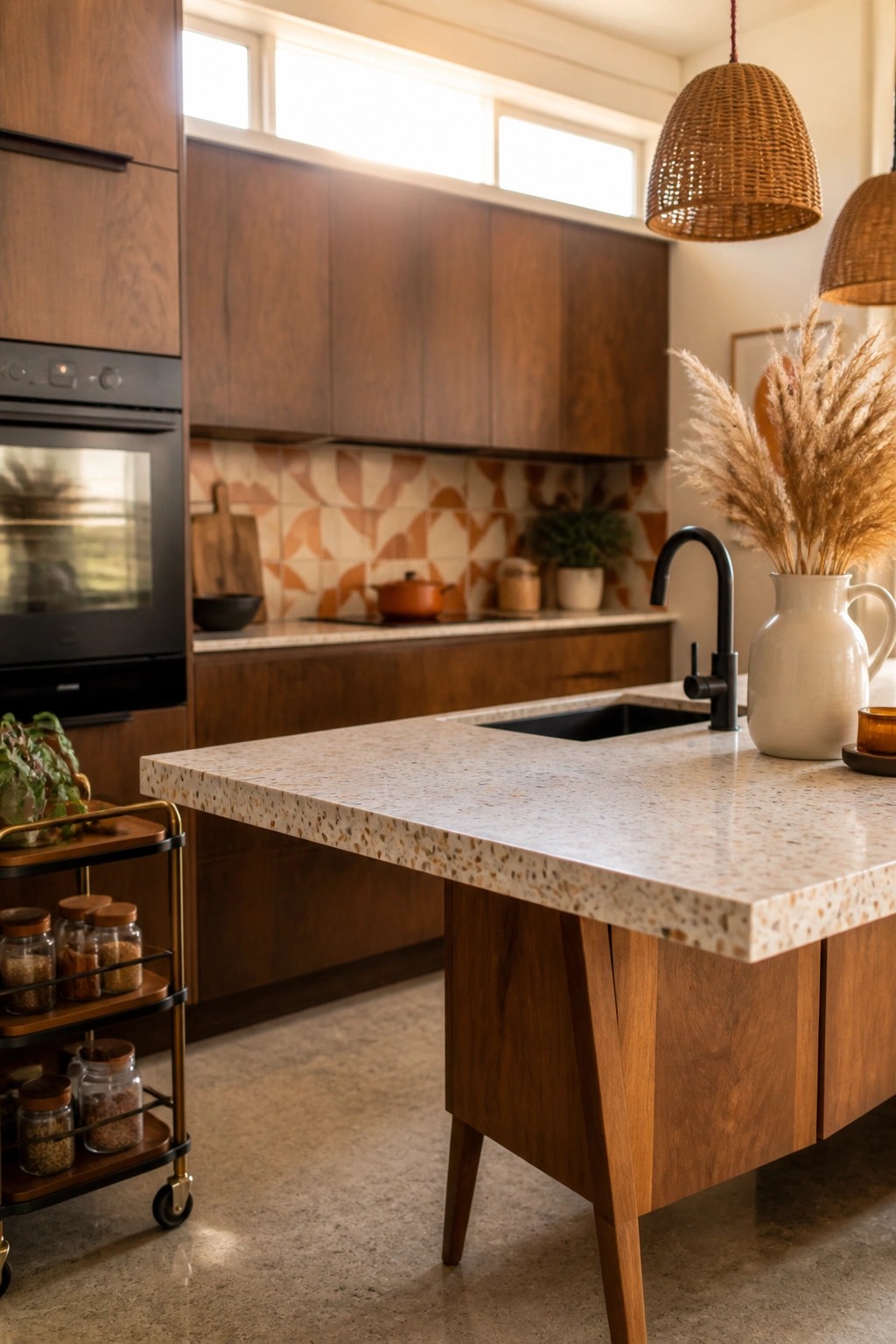 A kitchen interior with warm wood cabinets, a terrazzo island countertop, black faucet, and dried grasses in a vase on the counter.