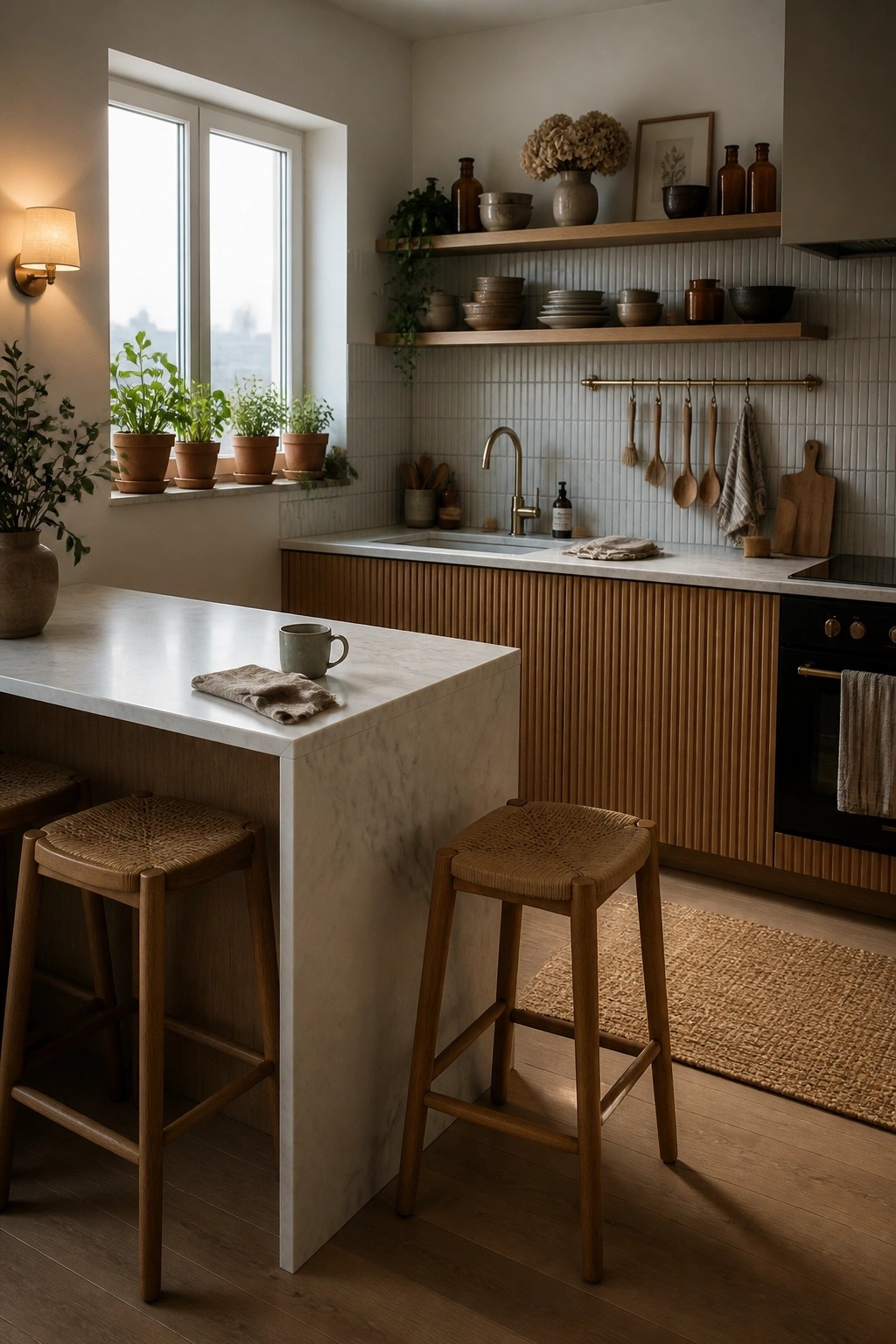 A kitchen with a marble-topped island on a wood base, three woven bar stools, open wood shelves holding neutral dishware, and a window ledge lined with potted plants.