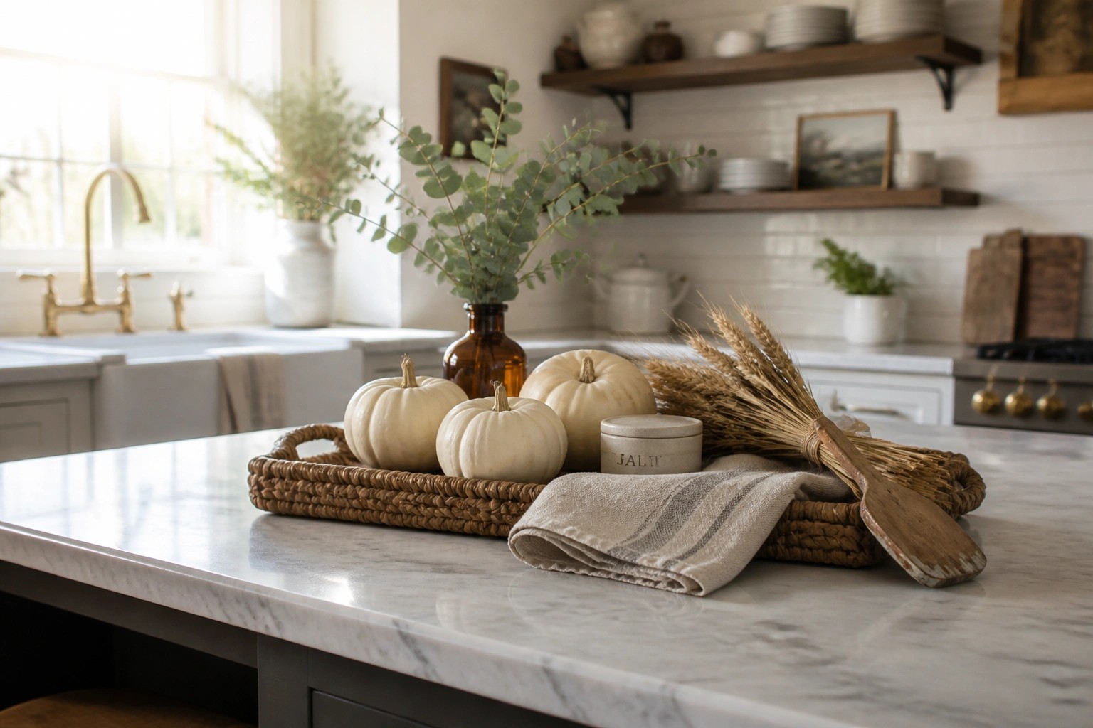 A woven tray on a marble kitchen counter holds several white mini pumpkins, a brown glass vase with eucalyptus, a bundle of wheat, a small ceramic bowl, and a wooden cutting board.