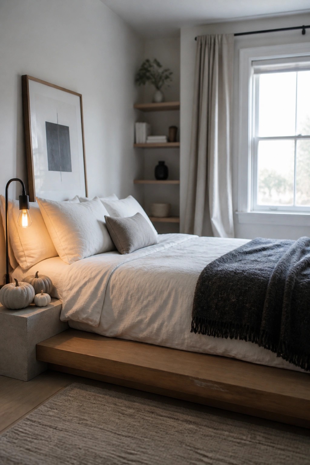A minimalist bedroom with a low platform bed in white linens, small white pumpkins on a concrete nightstand, and a lit wall lamp casting warm light.