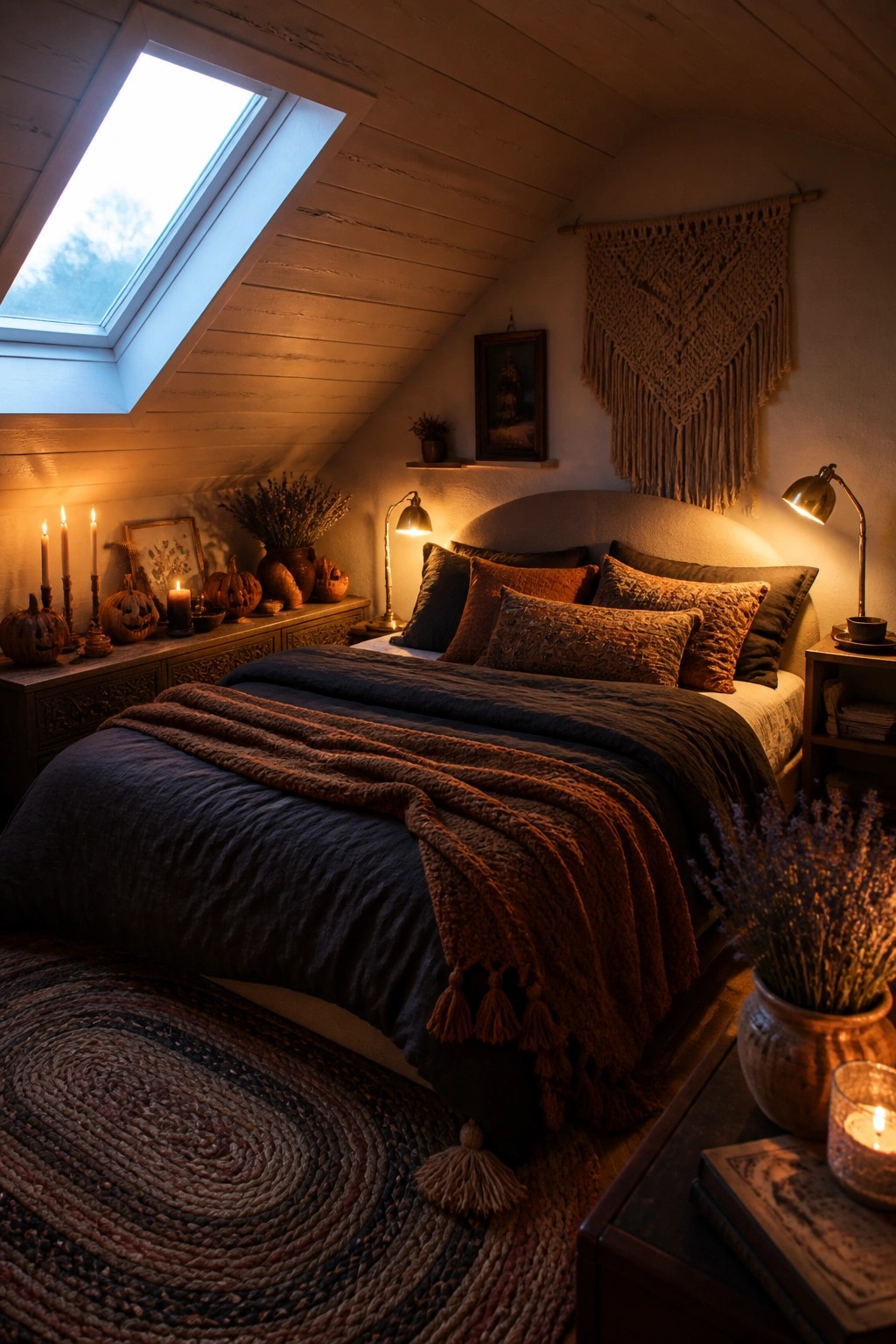 An attic bedroom with a large bed, dark bedding, pumpkins and lit candles on a wooden dresser, a skylight, and warm light from two lamps.