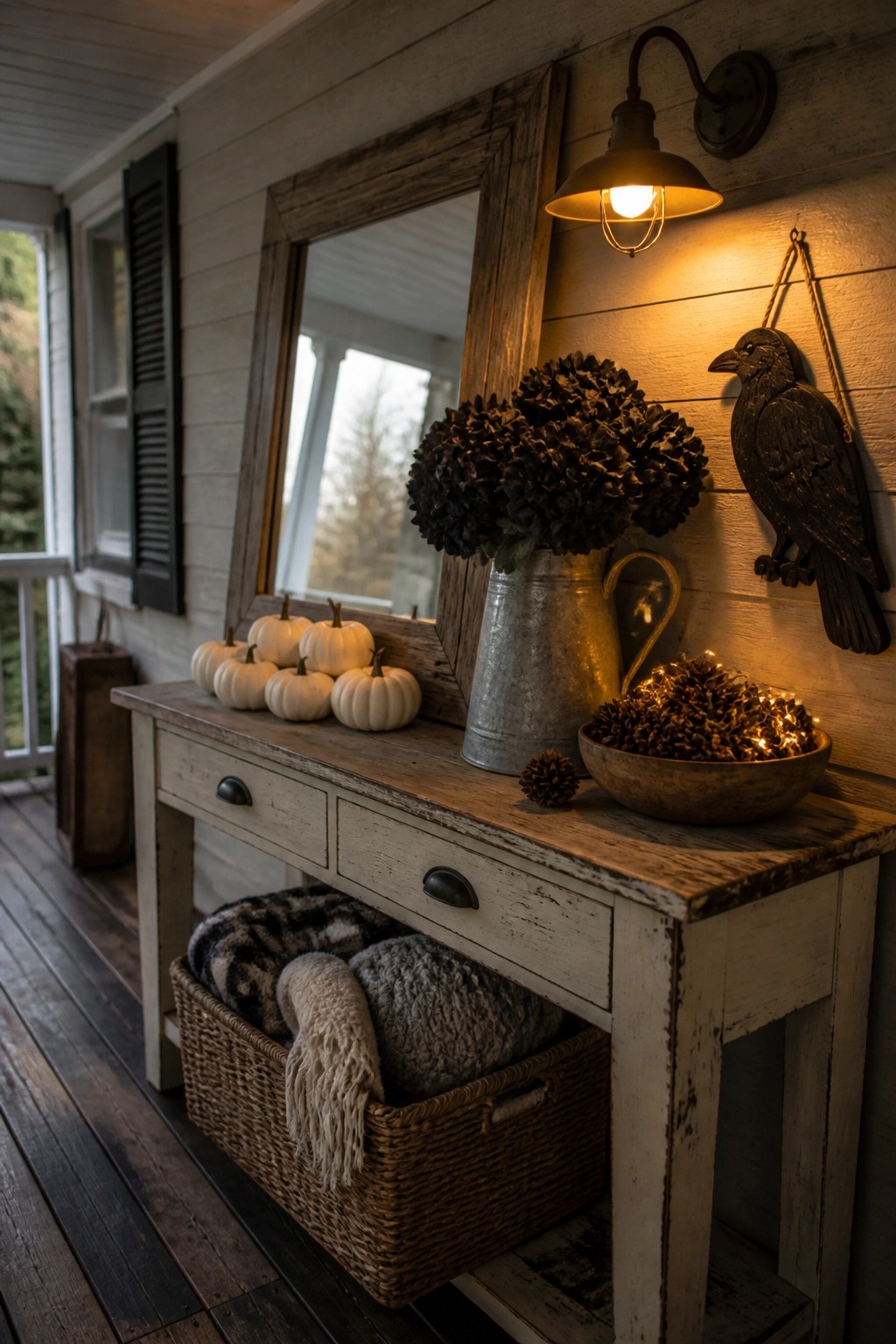 Rustic wooden table with white pumpkins, dark flowers, glowing pinecones, and woven baskets.