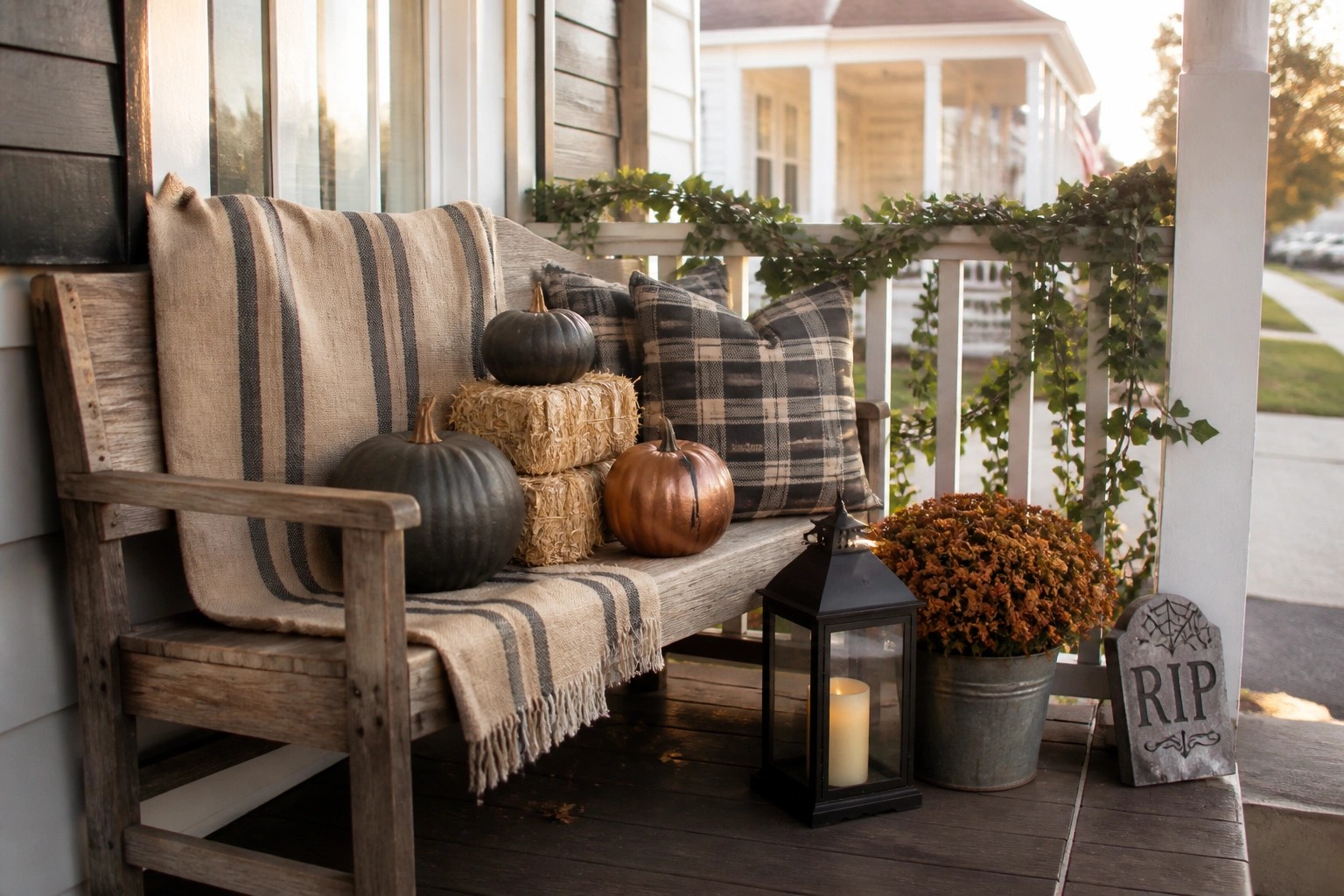 A wooden porch bench decorated with plaid pillows, a striped throw, black and copper pumpkins, hay bales, a black lantern, and a potted orange mum, with a trick-or-treat sign on the floor.