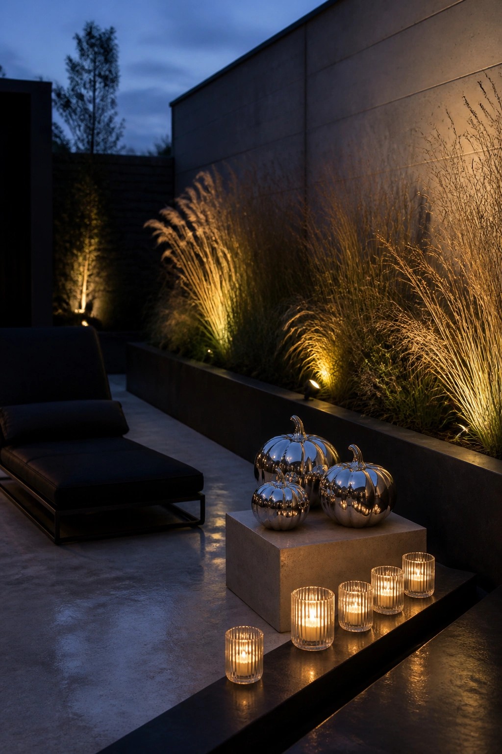 A modern outdoor patio at dusk shows a black lounge chair beside a concrete planter with tall grasses, and several shiny silver pumpkins arranged on a low concrete block with lit candles in ribbed glass holders.