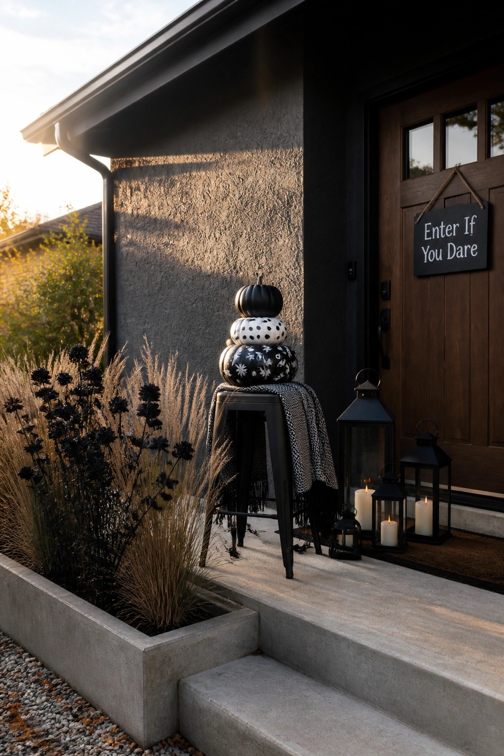 A dark house exterior shows stacked black and white patterned pumpkins on a stool beside concrete steps, with several lit black lanterns and a wooden door with a sign.