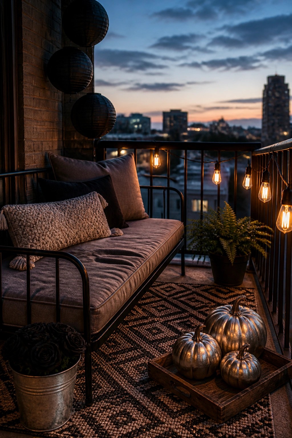 A balcony at dusk with a cushioned bench, pillows, a patterned rug, metallic pumpkins on a tray, string lights along the railing, and a city view in the background.