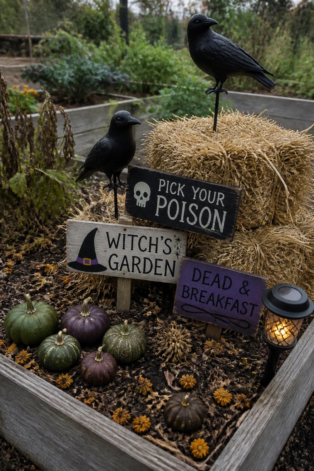 A raised garden bed with small pumpkins, hay bales, black crow figures, and wooden Halloween signs placed among the soil and dried flowers.