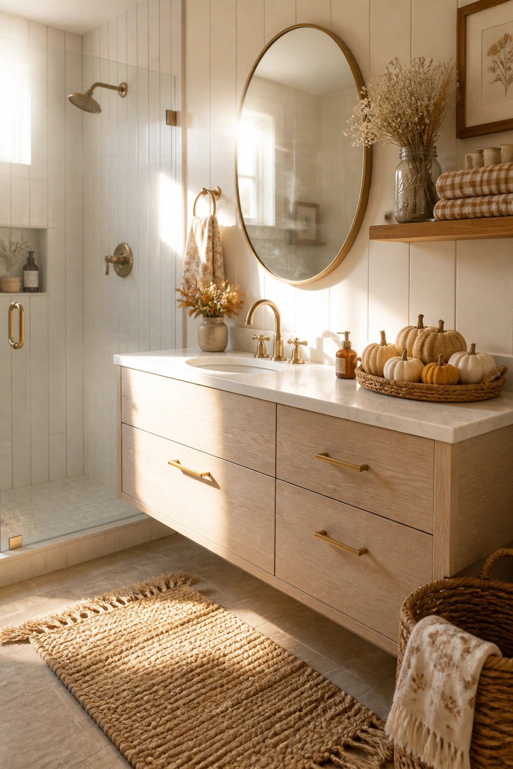 Cozy bathroom with light wood vanity, round mirror, pumpkins, and woven rug