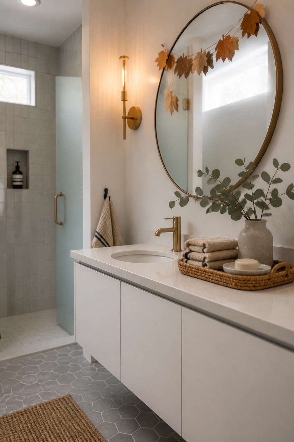 A modern bathroom with a white vanity, round mirror framed by a garland of dried leaves, and a woven tray holding towels and a vase on the countertop.