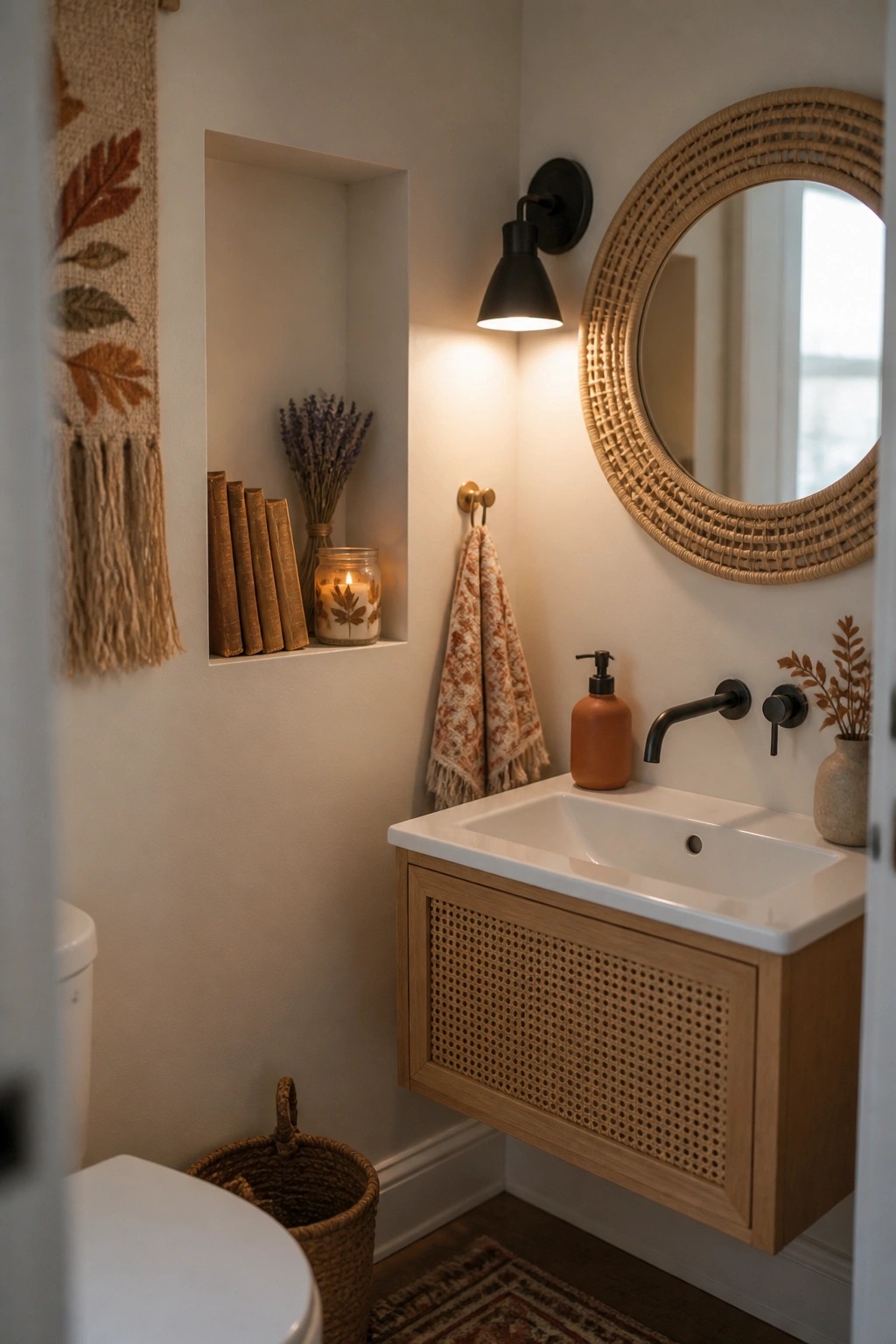 A bathroom shows a recessed wall niche holding stacked books, dried lavender, and a lit candle beside a floating vanity with a rattan front and round mirror.