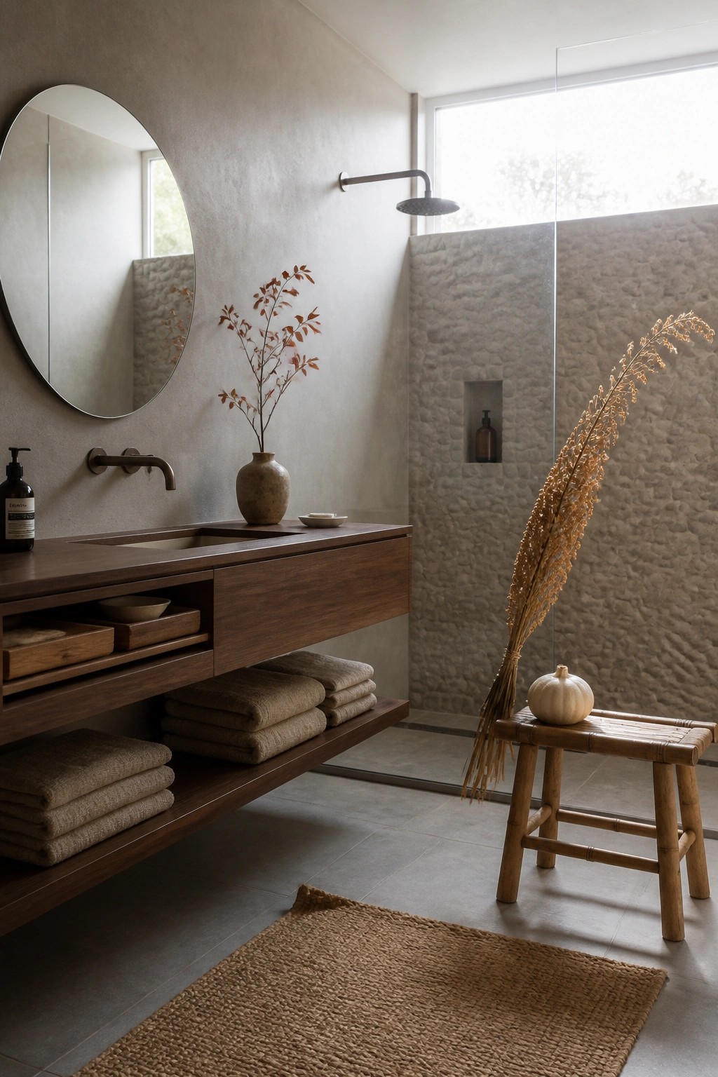 A bathroom interior with a floating wood vanity, round mirror, stone shower, and dried grasses arranged in a vase and on a wooden stool.