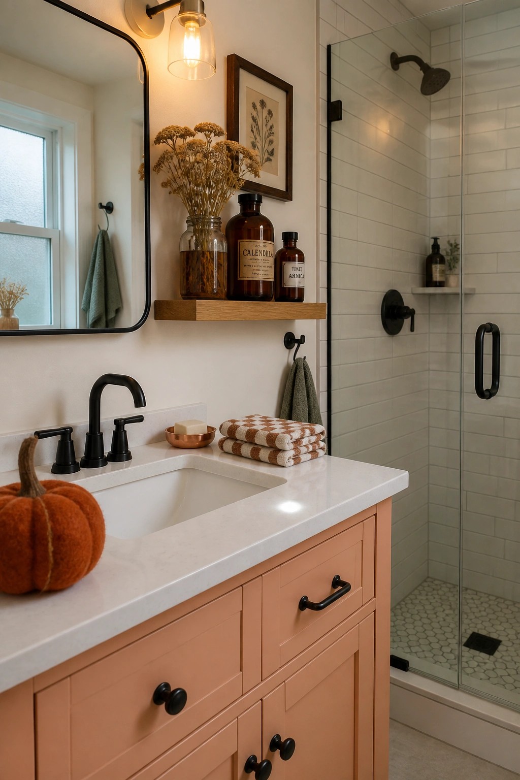 A bathroom vanity with peach-colored cabinets, a white countertop, black faucet, an orange pumpkin, folded towels, and dried flowers in a glass jar on a wooden shelf.