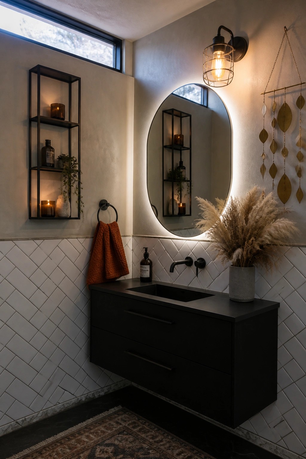 A modern bathroom features a floating black vanity with integrated sink, a large round backlit mirror, white herringbone tile on the lower walls, a black wall-mounted shelf with candles and plants, an orange towel on a hook, and dried pampas grass in a concrete vase.