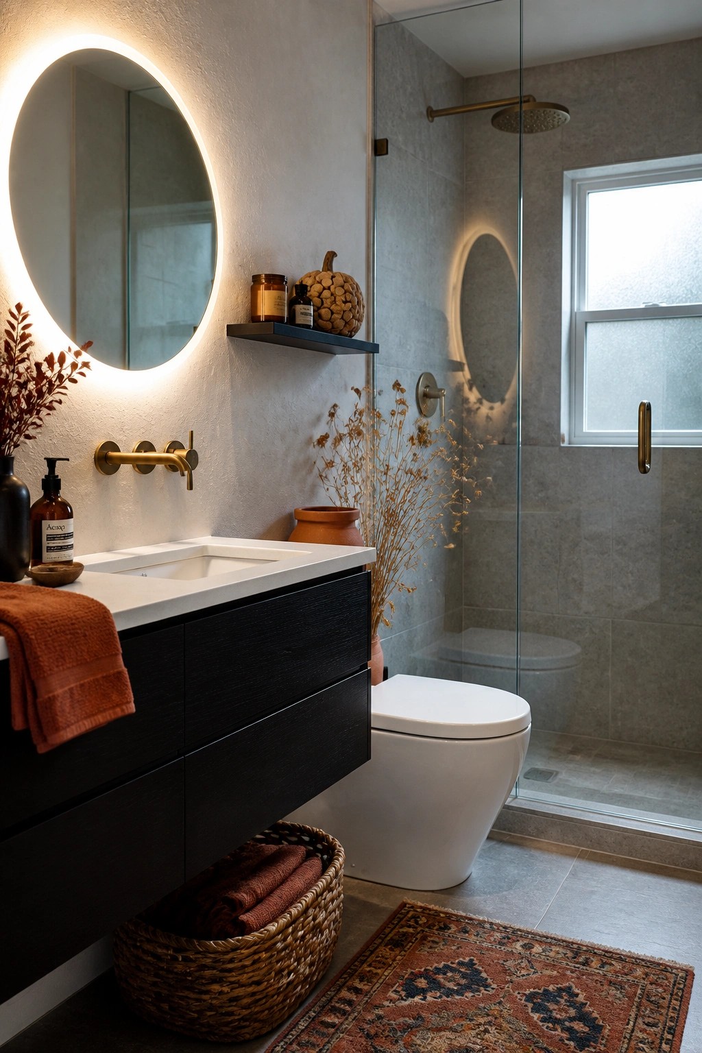 Modern bathroom with black vanity, backlit round mirror, glass shower, white toilet, and autumn decor.