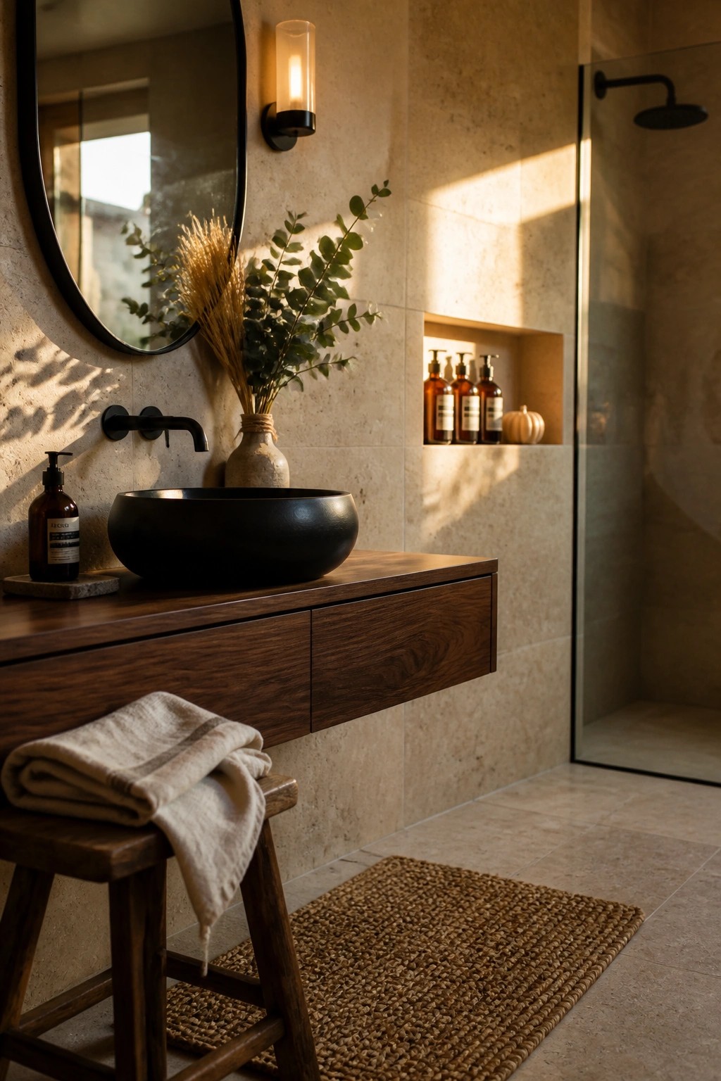 A bathroom vanity featuring a black vessel sink on a wooden countertop with a vase of dried grasses and eucalyptus beside a round mirror.