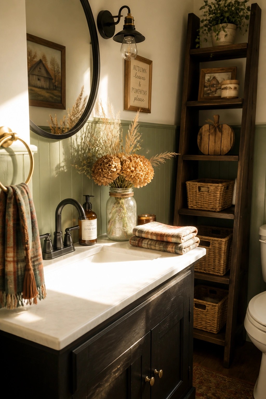 A bathroom vanity with a white countertop and dark cabinet, next to a wooden leaning ladder shelf holding woven baskets and fall decorations.