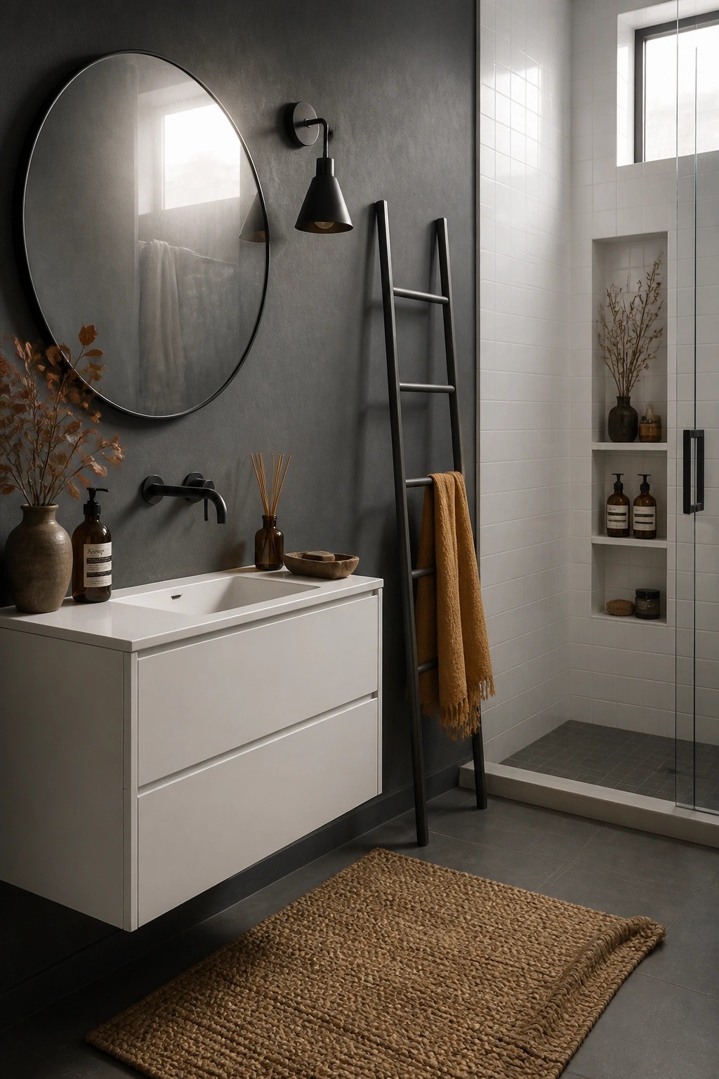 Modern bathroom with white vanity, round mirror, black ladder, and woven rug.