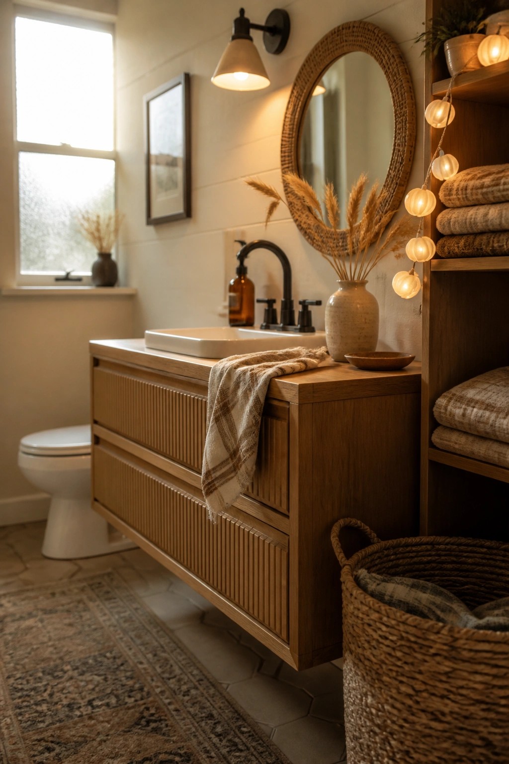 A bathroom with a floating wood vanity, white vessel sink, round woven mirror above it, dried grasses in a vase, and string lights along open shelving.