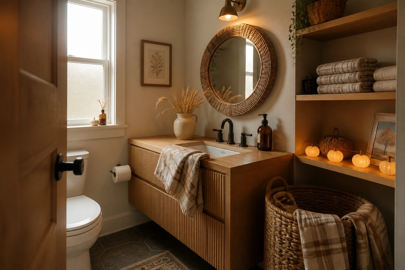 A bathroom with a floating wood vanity, white vessel sink, round woven mirror above it, dried grasses in a vase, and string lights along open shelving.