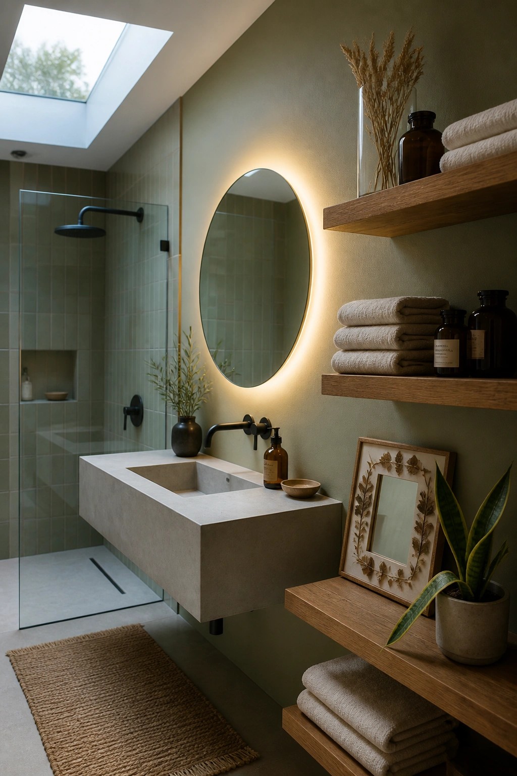 A bathroom interior featuring a floating concrete vanity with a round backlit mirror and wooden floating shelves holding folded towels, bottles, and plants.