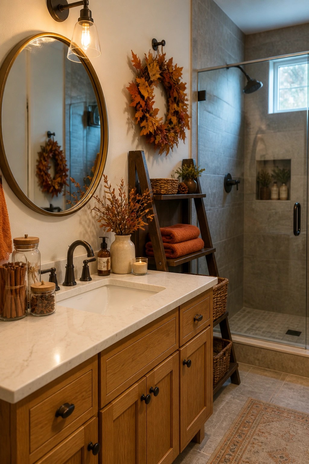 A bathroom interior shows a white marble vanity with a round mirror and a large autumn leaf wreath mounted on the wall next to a wooden ladder shelf holding orange towels.