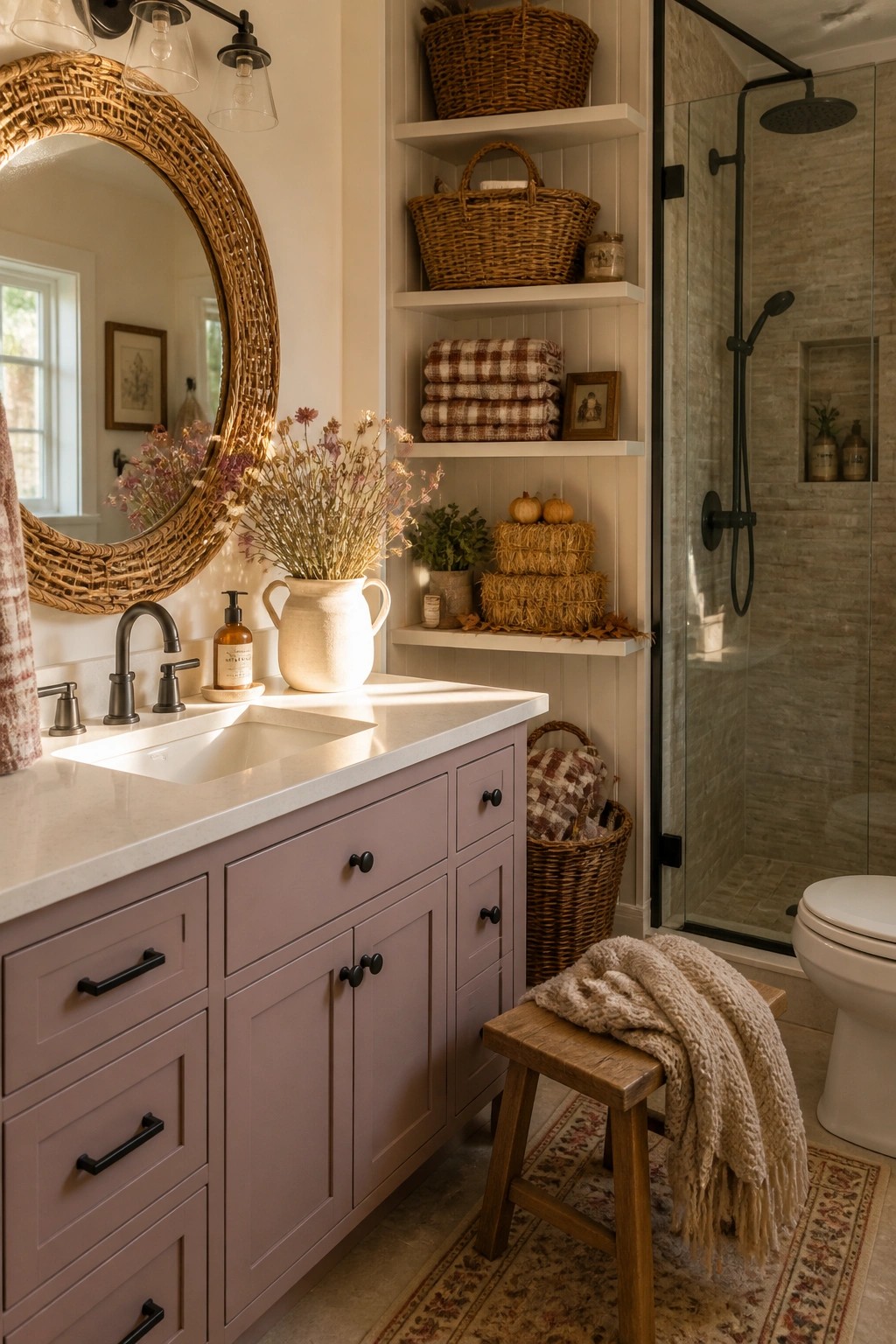 A bathroom with a purple vanity, white countertop, round woven mirror, and white open shelves holding baskets, plaid towels, hay bales, and pumpkins.