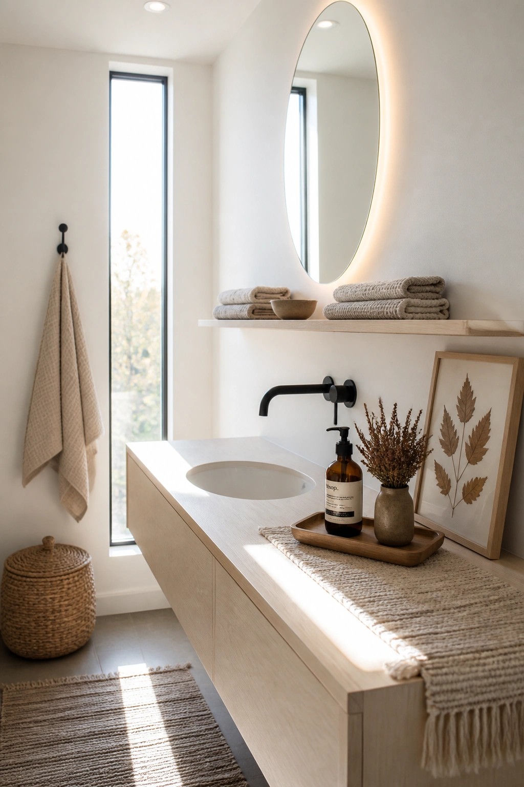 A bathroom vanity featuring a light wood floating cabinet, white integrated sink, black wall-mounted faucet, oval illuminated mirror, and a wooden tray with soap bottle and dried stems on a woven runner.