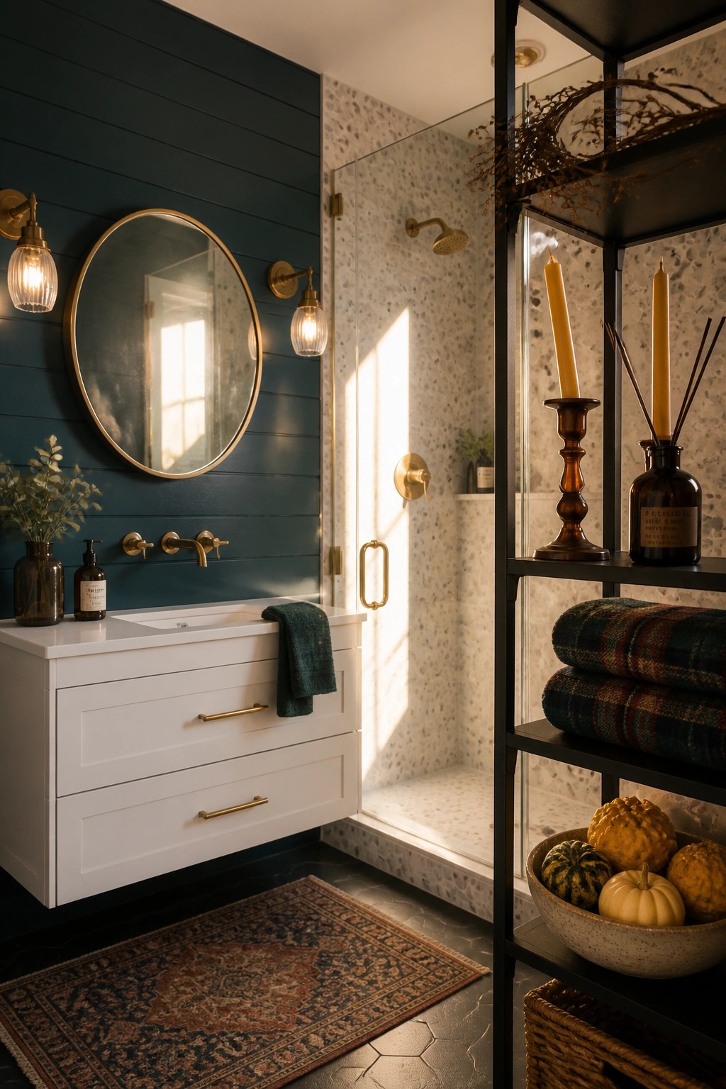 A bathroom with dark teal walls, a white floating vanity, round mirror, glass shower, and a black metal open shelving unit holding plaid blankets, a bowl of gourds, and candles.