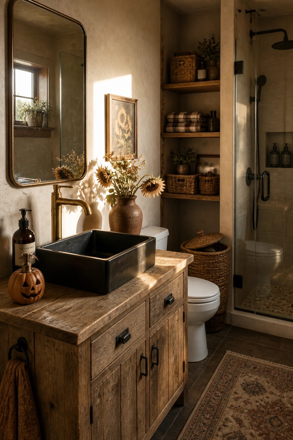 A bathroom with a rustic wooden vanity holding a black vessel sink, brass faucet, dried sunflowers in a clay vase, and a small pumpkin soap dispenser.