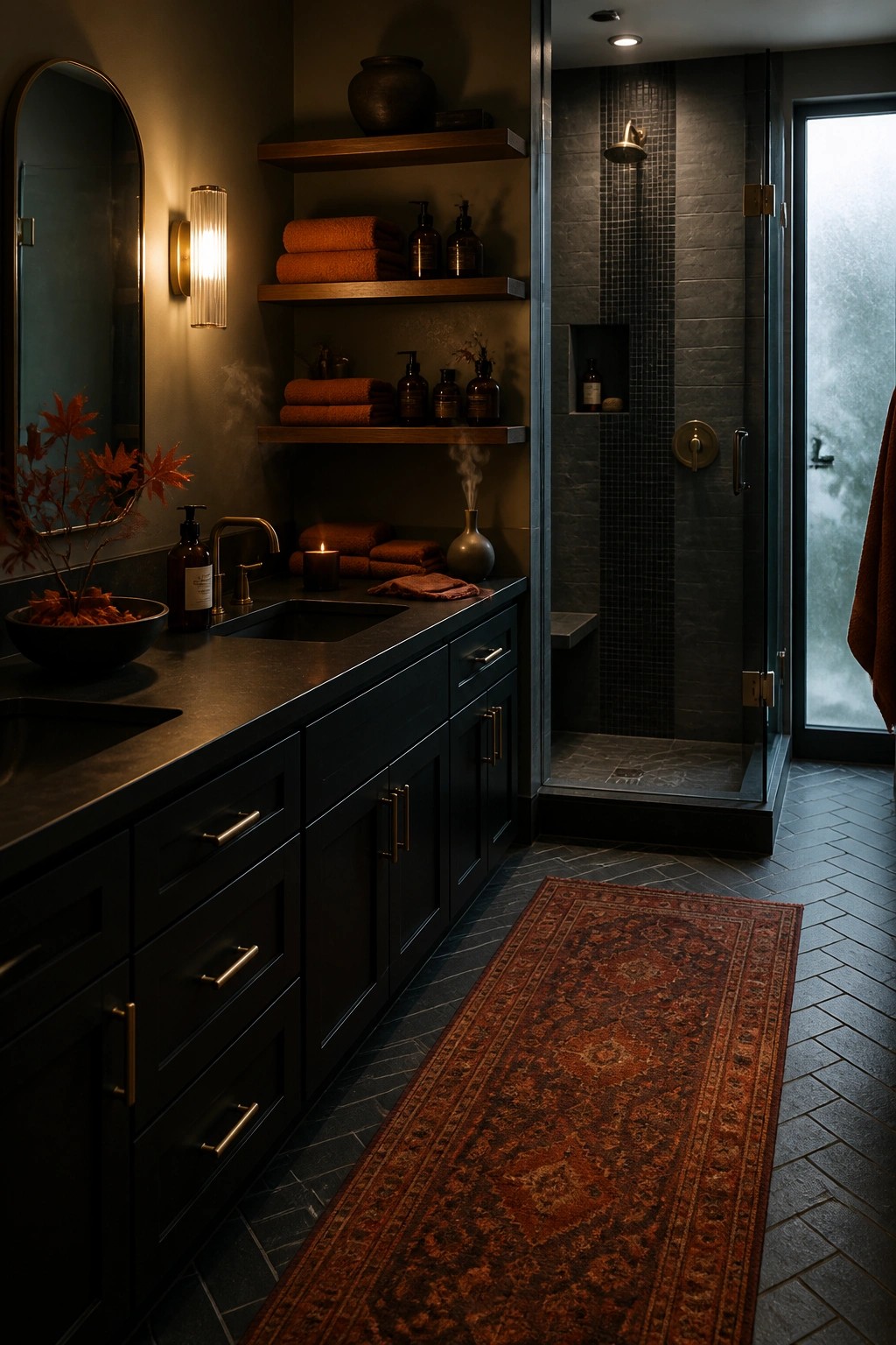 A bathroom interior with dark cabinets, floating wood shelves holding orange towels, a glass shower enclosure, and a long patterned runner rug in red and orange tones on the floor.