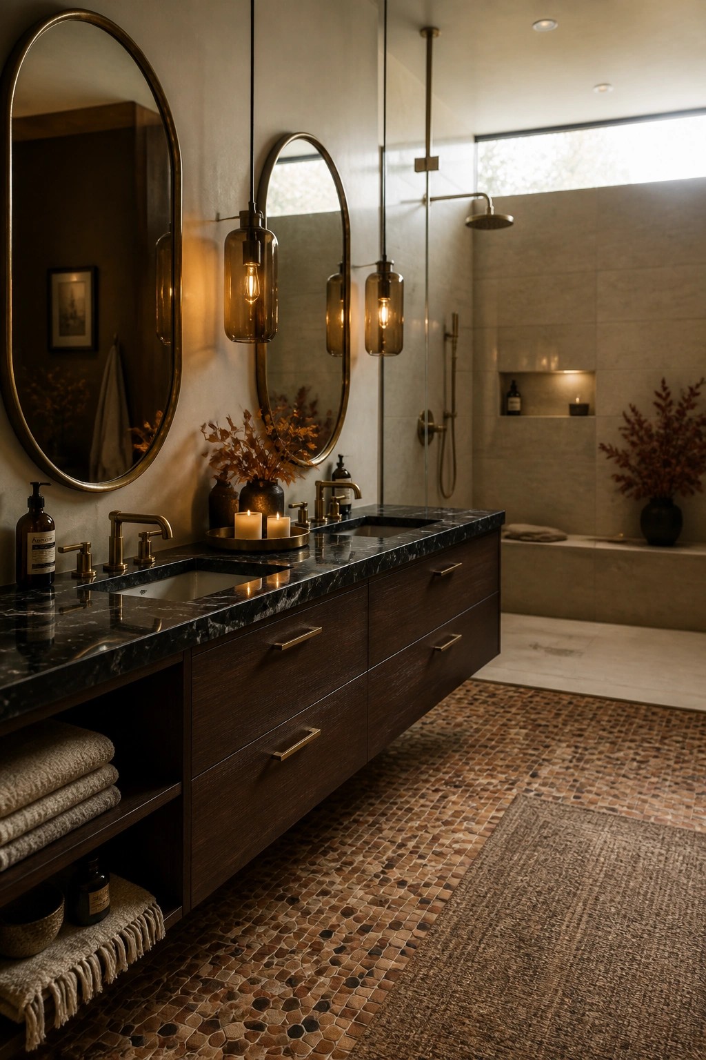 A modern bathroom with a long floating dark wood vanity topped in black marble, oval mirrors with brass pendant lights, and autumn dried foliage with candles on the counter.