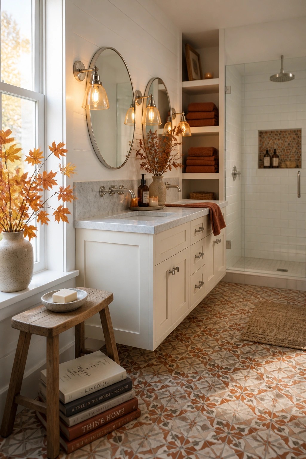 Cozy white bathroom with marble vanity, round mirrors, autumn leaves, and patterned tile floor.